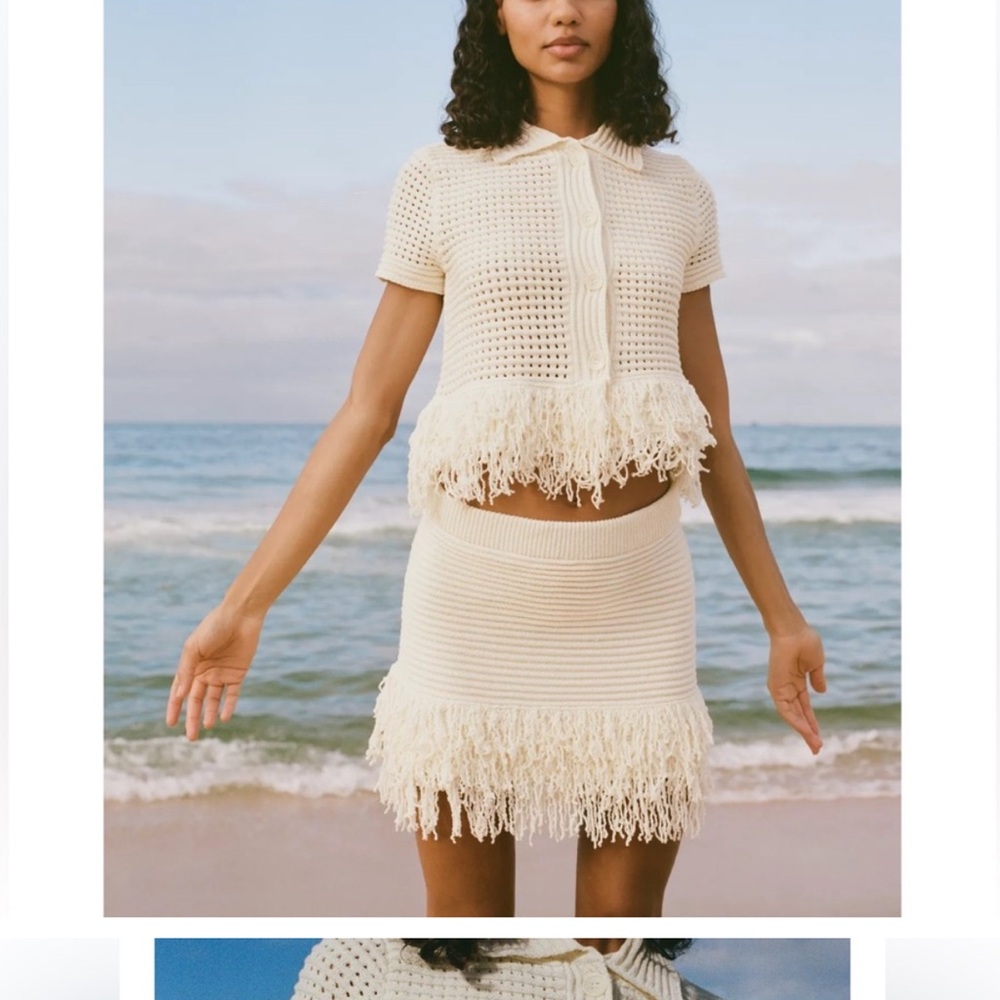 Zara Cream Knit Fringe Short Sleeve Top